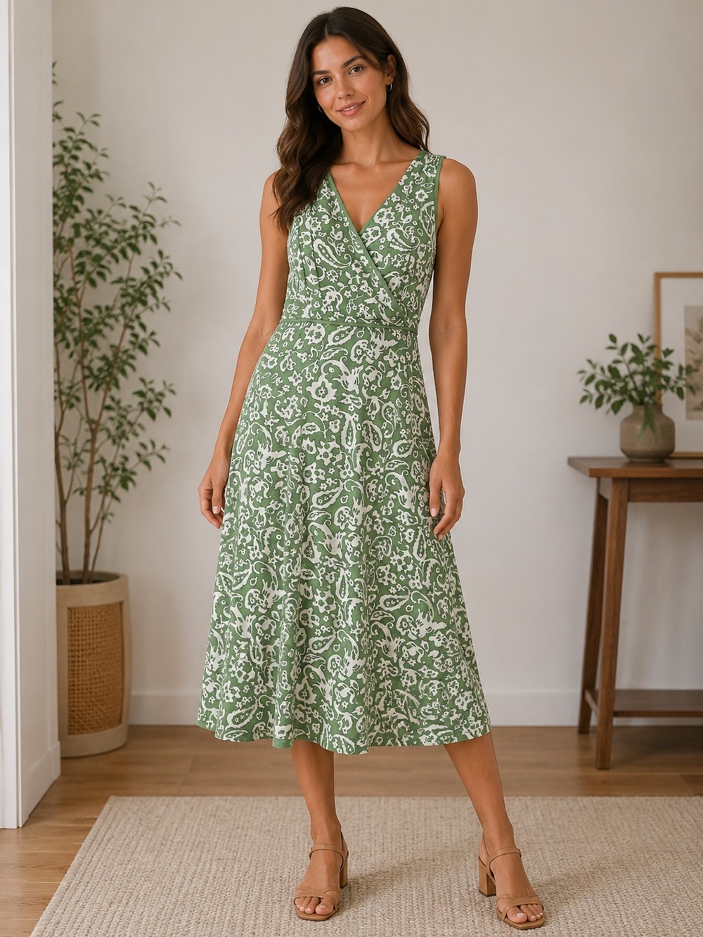 Charter Club Sleeveless Green Floral Wrap Midi Dress